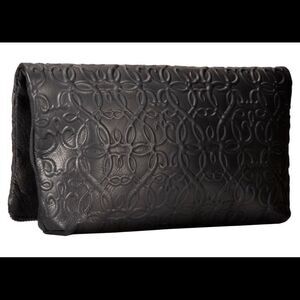 Alex and Ani Gabriel black leather foldover clutch bag embossed geometric print
